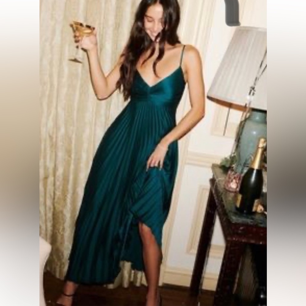 Abercrombie & Fitch Satin Pleated Maxi Dress Teal Green Size S Tall - Picture 3 of 14